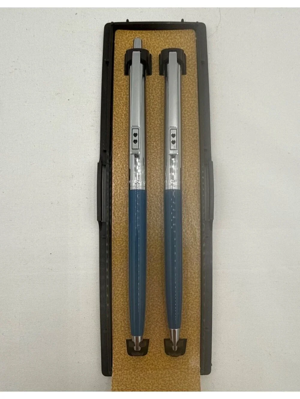 Vtg Paper Mate Double Heart Ballpoint Pen/Pencil Set Blue Barrels & Chrome Trim